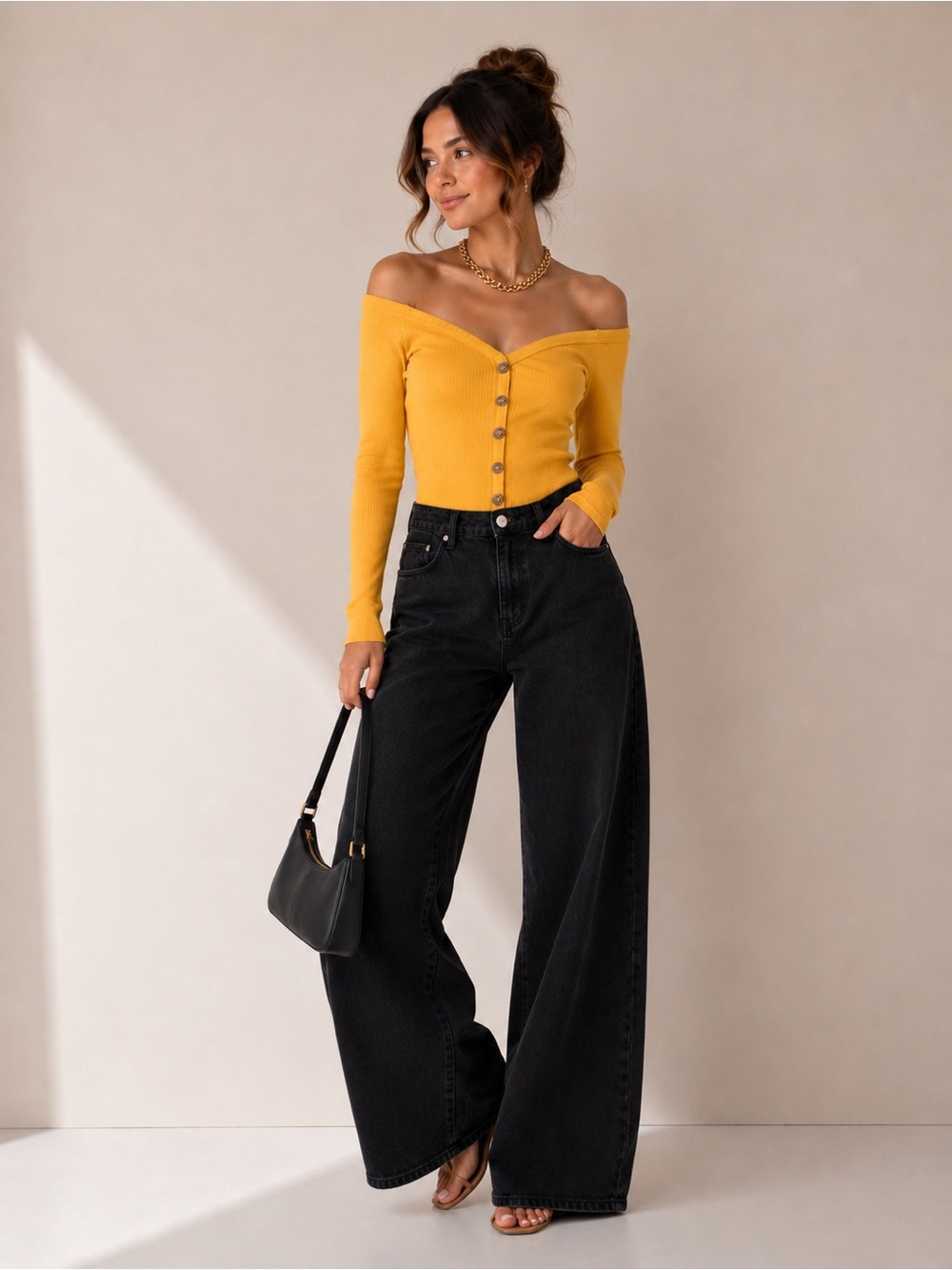 Iris Basic Mustard Yellow Off-Shoulder Button-Front Ribbed Top - Picture 6 of 10
